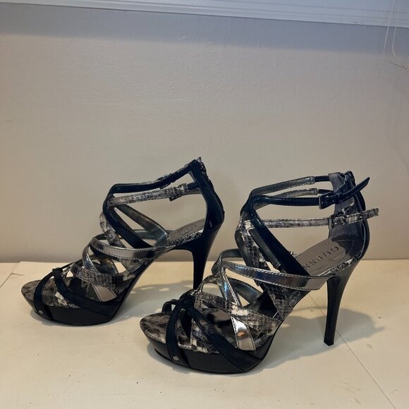 Like New Guess Black/Silver/Metallic Snakeskin Strappy Stiletto Heels, Size 8M - Picture 8 of 13